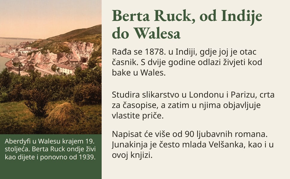 Berta Ruck, od Indije do Walesa. Rađa se 1878. u Indiji, gdje joj je otac časnik. S dvije godine odlazi živjeti kod bake u Wales.