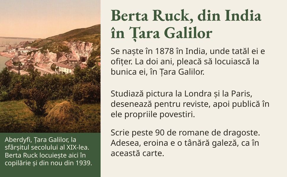 Berta Ruck, din India în Țara Galilor. Se naște în 1878 în India, unde tatăl ei e ofițer. La doi ani, pleacă să locuiască la bunica ei, în Țara Galilor.
