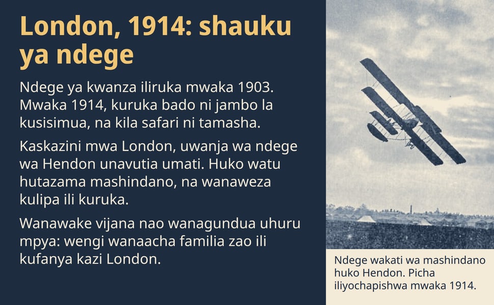 London, 1914: shauku ya ndege. Ndege ya kwanza iliruka mwaka 1903. Mwaka 1914, kuruka bado ni jambo la kusisimua, na kila safari ni tamasha.