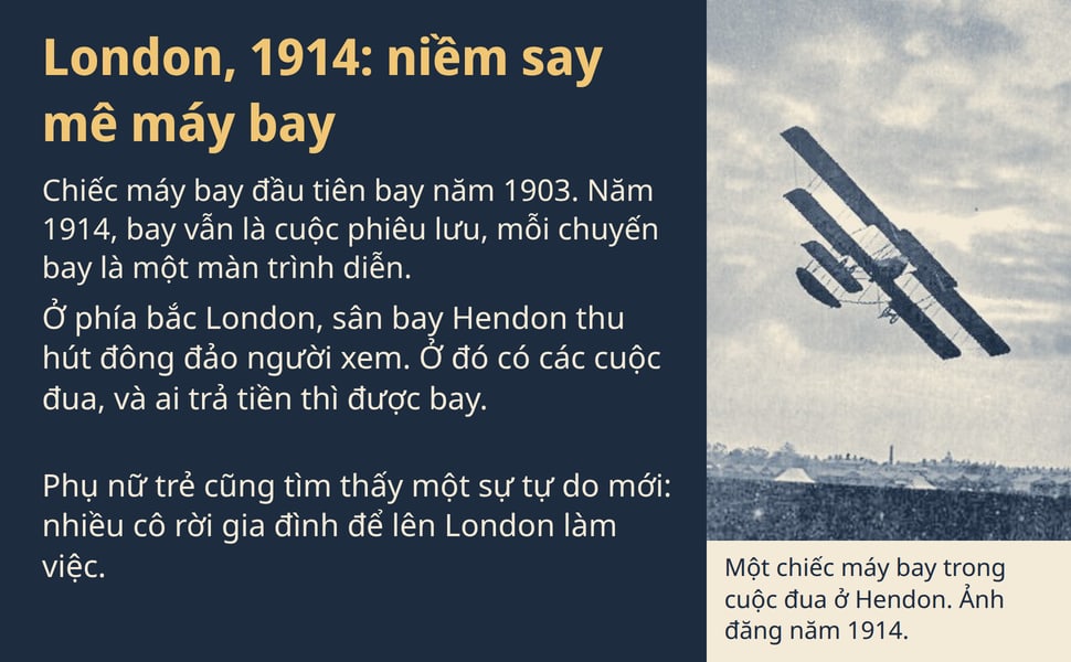 London, 1914: niềm say mê máy bay. Chiếc máy bay đầu tiên bay năm 1903. Năm 1914, bay vẫn là cuộc phiêu lưu, mỗi chuyến bay là một màn trình diễn.