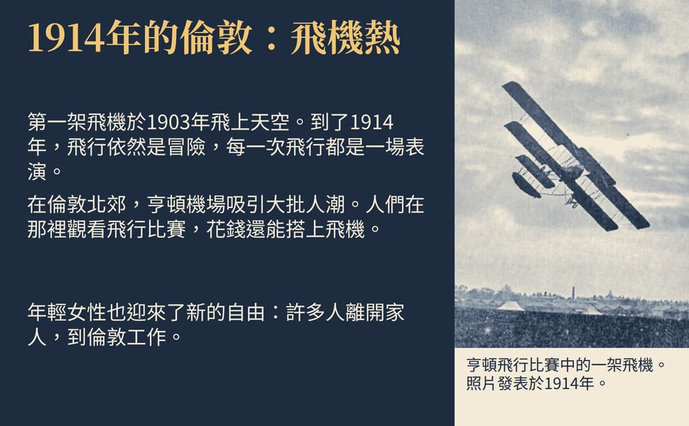 1914年的倫敦:飛機熱。第一架飛機於1903年飛上天空。到了1914年,飛行依然是冒險,每一次飛行都是一場表演。
