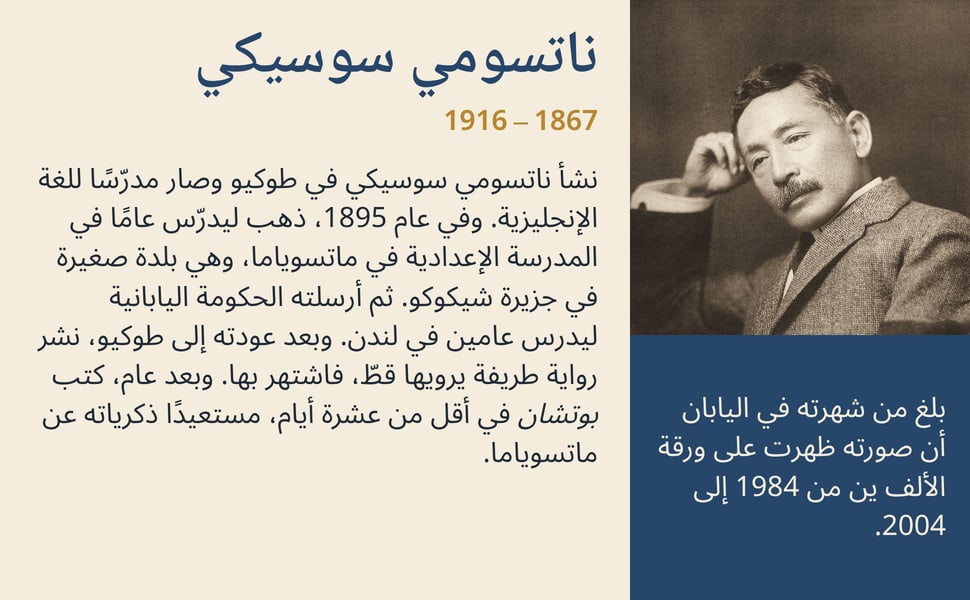 ناتسومي سوسيكي. نشأ ناتسومي سوسيكي في طوكيو وصار مدرّسًا للغة الإنجليزية. وفي عام 1895، ذهب ليدرّس عامًا في المدرسة الإعدادية في ماتسوياما، وهي بلدة صغيرة في جزيرة شيكوكو. ثم أرسلته الحكومة اليابانية ليدرس عامين في…