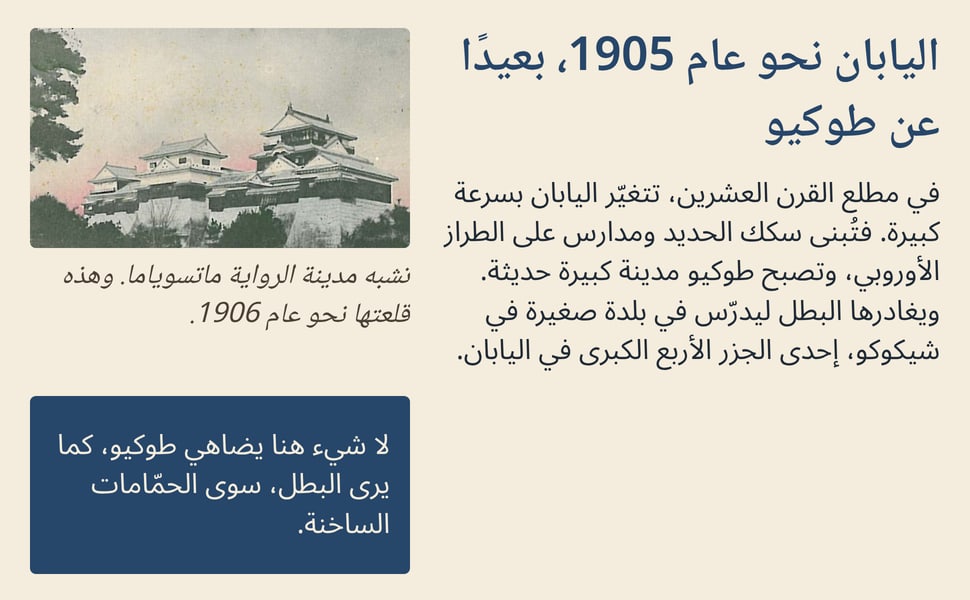اليابان نحو عام 1905، بعيدًا عن طوكيو. في مطلع القرن العشرين، تتغيّر اليابان بسرعة كبيرة. فتُبنى سكك الحديد ومدارس على الطراز الأوروبي، وتصبح طوكيو مدينة كبيرة حديثة. ويغادرها البطل ليدرّس في بلدة صغيرة في شيكوكو، إحدى…
