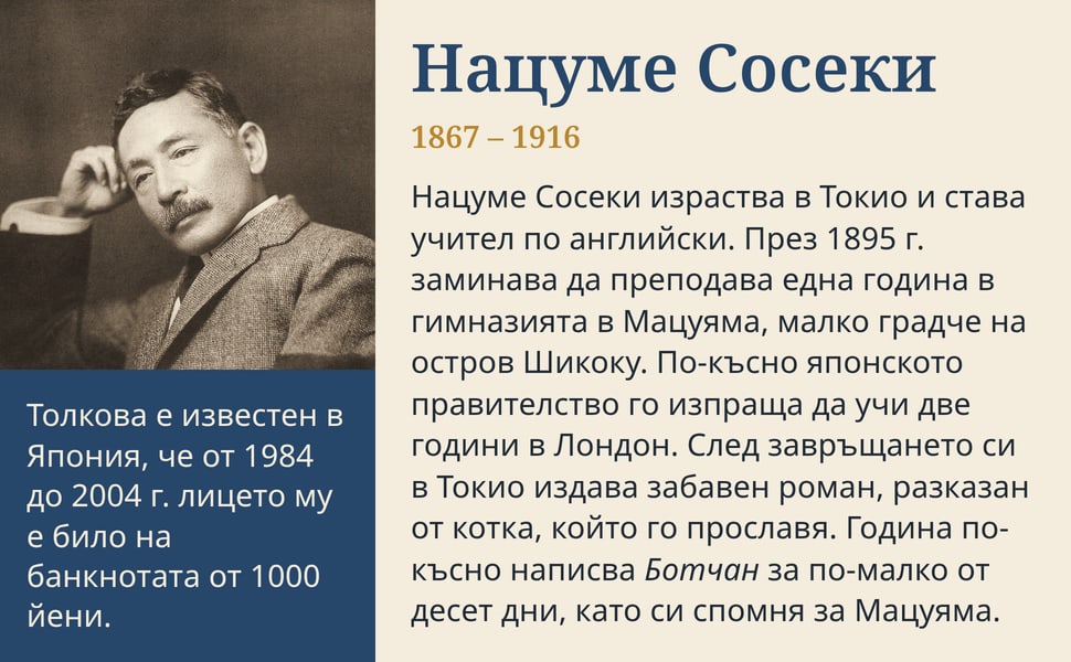 Нацуме Сосеки. Нацуме Сосеки израства в Токио и става учител по английски. През 1895 г. заминава да преподава една година в гимназията в Мацуяма, малко градче на остров Шикоку. По-късно японското правителство го…