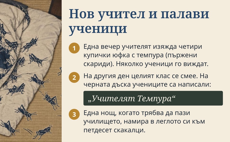 Нов учител и палави ученици. Една вечер учителят изяжда четири купички юфка с темпура (пържени скариди). Няколко ученици го виждат.