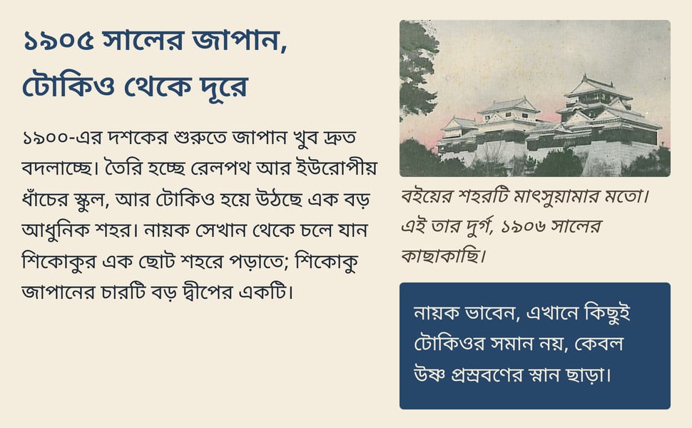 ১৯০৫ সালের জাপান, টোকিও থেকে দূরে. ১৯০০-এর দশকের শুরুতে জাপান খুব দ্রুত বদলাচ্ছে। তৈরি হচ্ছে রেলপথ আর ইউরোপীয় ধাঁচের স্কুল, আর টোকিও হয়ে উঠছে এক বড় আধুনিক শহর। নায়ক সেখান থেকে চলে যান শিকোকুর এক ছোট শহরে পড়াতে…