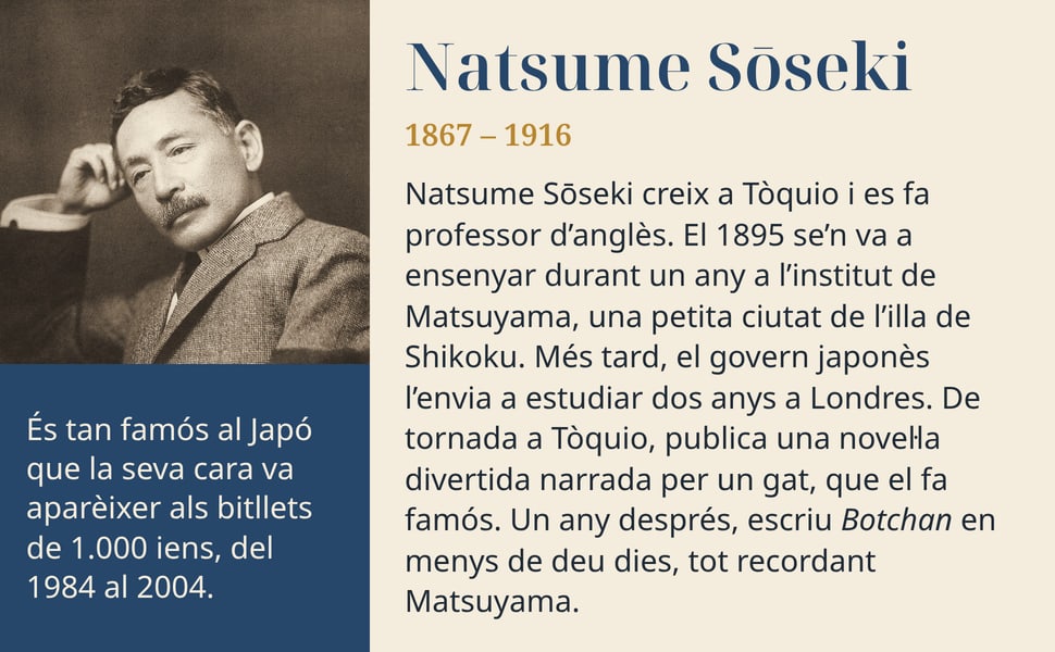 Natsume Sōseki. Natsume Sōseki creix a Tòquio i es fa professor d’anglès. El 1895 se’n va a ensenyar durant un any a l’institut de Matsuyama, una petita ciutat de l’illa de Shikoku. Més tard, el govern japonès l’envia…