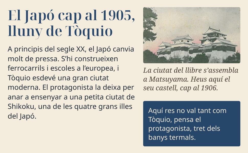 El Japó cap al 1905, lluny de Tòquio. A principis del segle XX, el Japó canvia molt de pressa. S’hi construeixen ferrocarrils i escoles a l’europea, i Tòquio esdevé una gran ciutat moderna. El protagonista la deixa per…