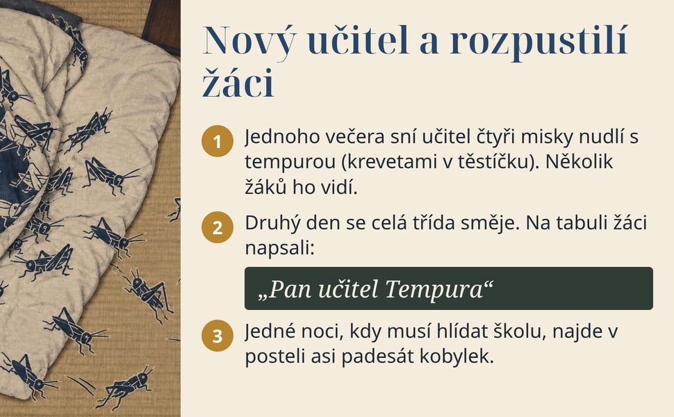 Nový učitel a rozpustilí žáci. Jednoho večera sní učitel čtyři misky nudlí s tempurou (krevetami v těstíčku). Několik žáků ho vidí.