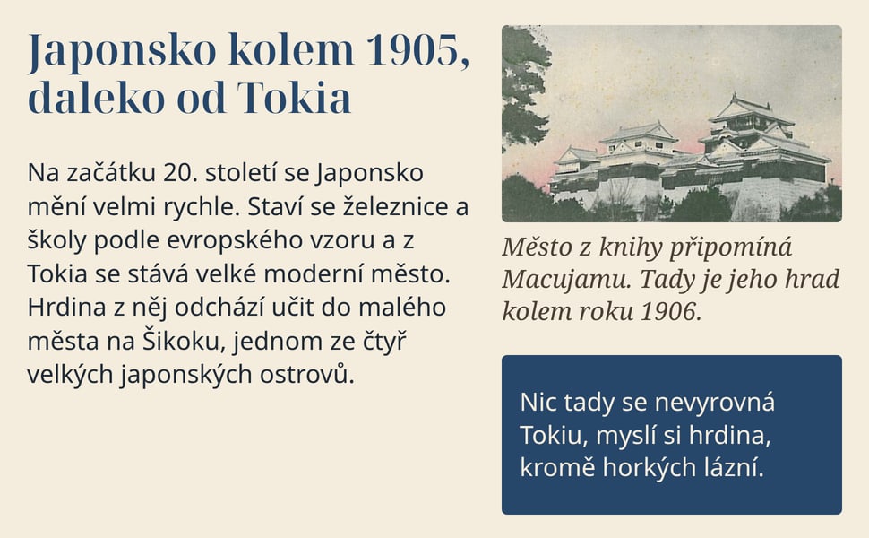 Japonsko kolem 1905, daleko od Tokia. Na začátku 20. století se Japonsko mění velmi rychle. Staví se železnice a školy podle evropského vzoru a z Tokia se stává velké moderní město. Hrdina z něj odchází učit do malého…
