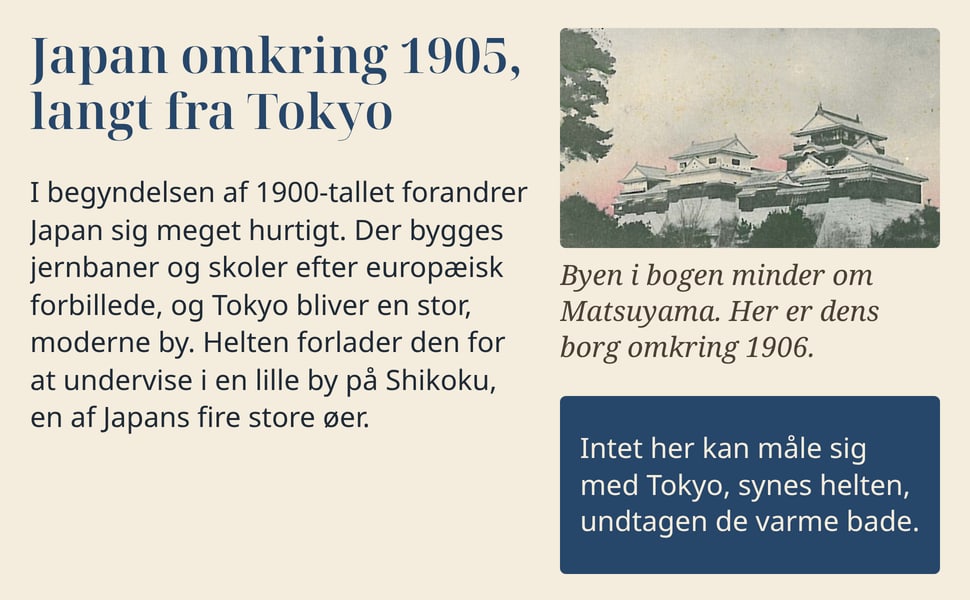 Japan omkring 1905, langt fra Tokyo. I begyndelsen af 1900-tallet forandrer Japan sig meget hurtigt. Der bygges jernbaner og skoler efter europæisk forbillede, og Tokyo bliver en stor, moderne by. Helten forlader den…