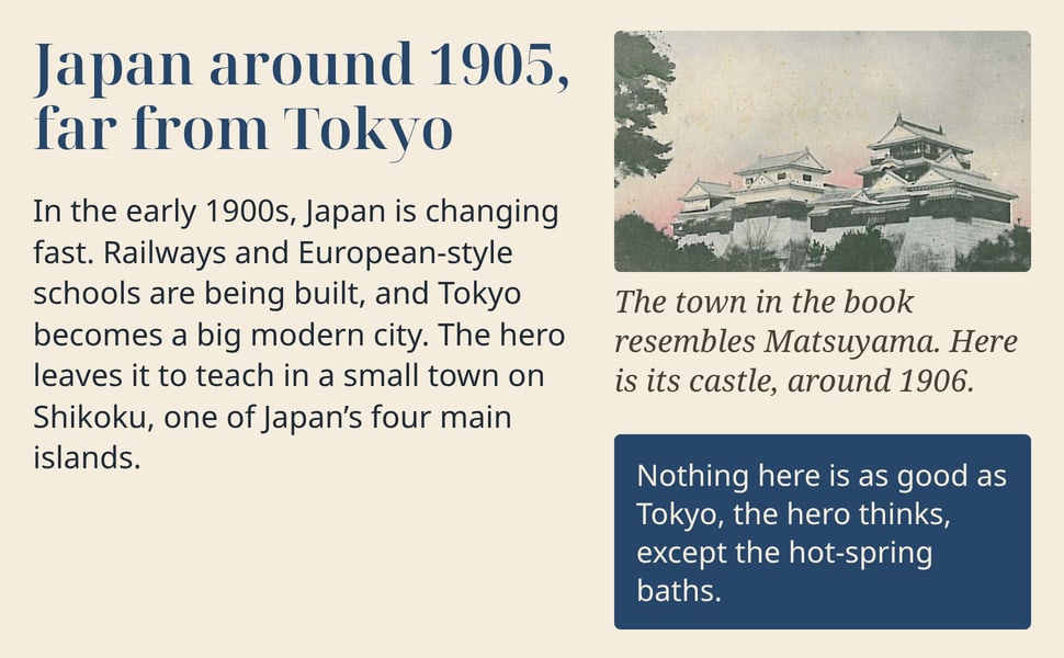 Japan around 1905, far from Tokyo. In the early 1900s, Japan is changing fast. Railways and European-style schools are being built, and Tokyo becomes a big modern city. The hero leaves it to teach in a small town on…