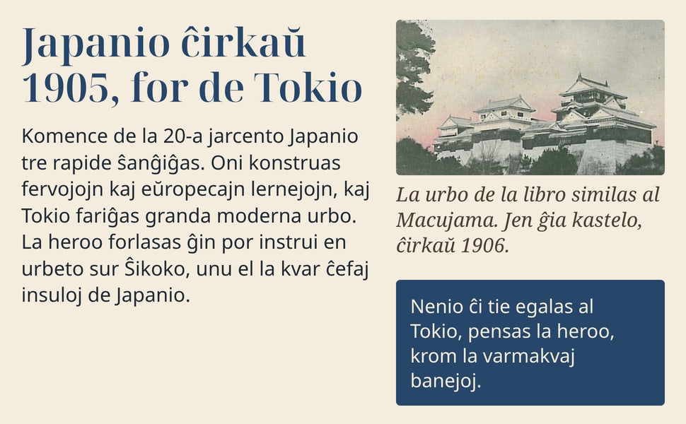 Japanio ĉirkaŭ 1905, for de Tokio. Komence de la 20-a jarcento Japanio tre rapide ŝanĝiĝas. Oni konstruas fervojojn kaj eŭropecajn lernejojn, kaj Tokio fariĝas granda moderna urbo. La heroo forlasas ĝin por instrui en…