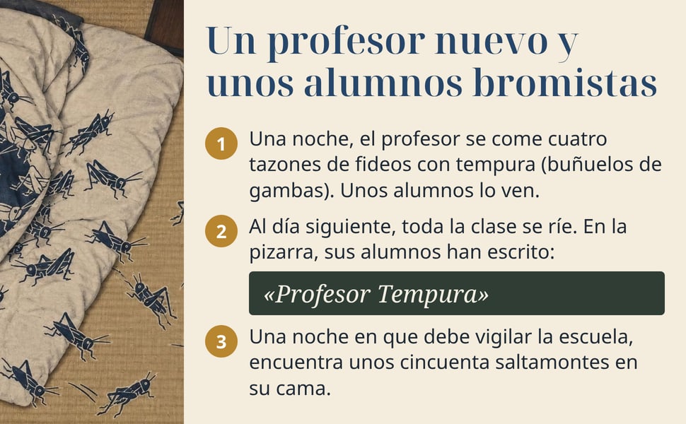 Un profesor nuevo y unos alumnos bromistas. Una noche, el profesor se come cuatro tazones de fideos con tempura (buñuelos de gambas). Unos alumnos lo ven.