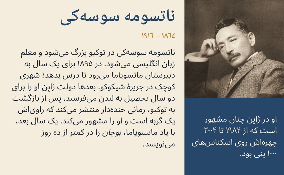 ناتسومه سوسه‌کی. ناتسومه سوسه‌کی در توکیو بزرگ می‌شود و معلم زبان انگلیسی می‌شود. در ۱۸۹۵ برای یک سال به دبیرستان ماتسویاما می‌رود تا درس بدهد؛ شهری کوچک در جزیرهٔ شیکوکو. بعدها دولت ژاپن او را برای دو سال تحصیل به…