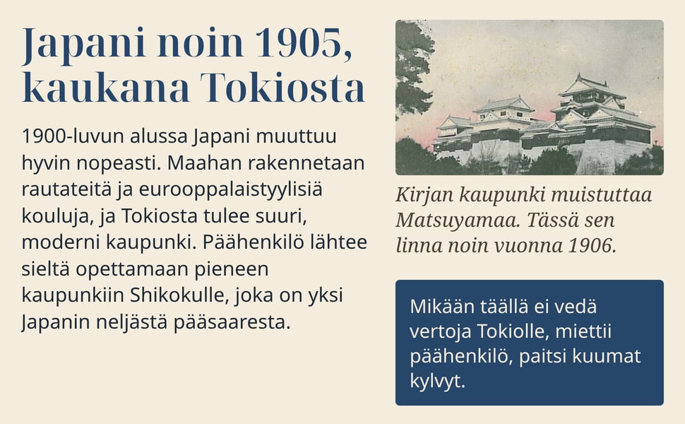 Japani noin 1905, kaukana Tokiosta. 1900-luvun alussa Japani muuttuu hyvin nopeasti. Maahan rakennetaan rautateitä ja eurooppalaistyylisiä kouluja, ja Tokiosta tulee suuri, moderni kaupunki. Päähenkilö lähtee sieltä…