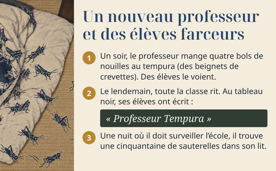 Un nouveau professeur et des élèves farceurs. 1. Un soir, le professeur mange quatre bols de nouilles au tempura (des beignets de crevettes). Des élèves le voient. 2. Le lendemain, toute la classe rit. Au tableau noir, ses élèves ont écrit : « Professeur Tempura ». 3. Une nuit où il doit surveiller l’école, il trouve une cinquantaine de sauterelles dans son lit.