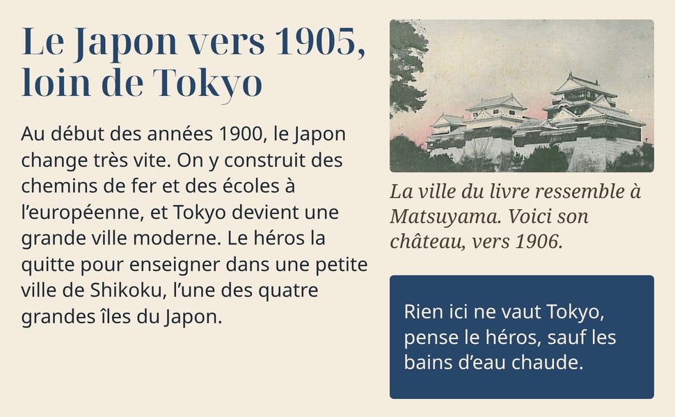 Le Japon vers 1905, loin de Tokyo. Au début des années 1900, le Japon change très vite. On y construit des chemins de fer et des écoles à l’européenne, et Tokyo devient une grande ville moderne. Le héros la quitte pour enseigner dans une petite ville de Shikoku, l’une des quatre grandes îles du Japon. La ville du livre ressemble à Matsuyama. Voici son château, vers 1906. Rien ici ne vaut Tokyo, pense le héros, sauf les bains d’eau chaude.