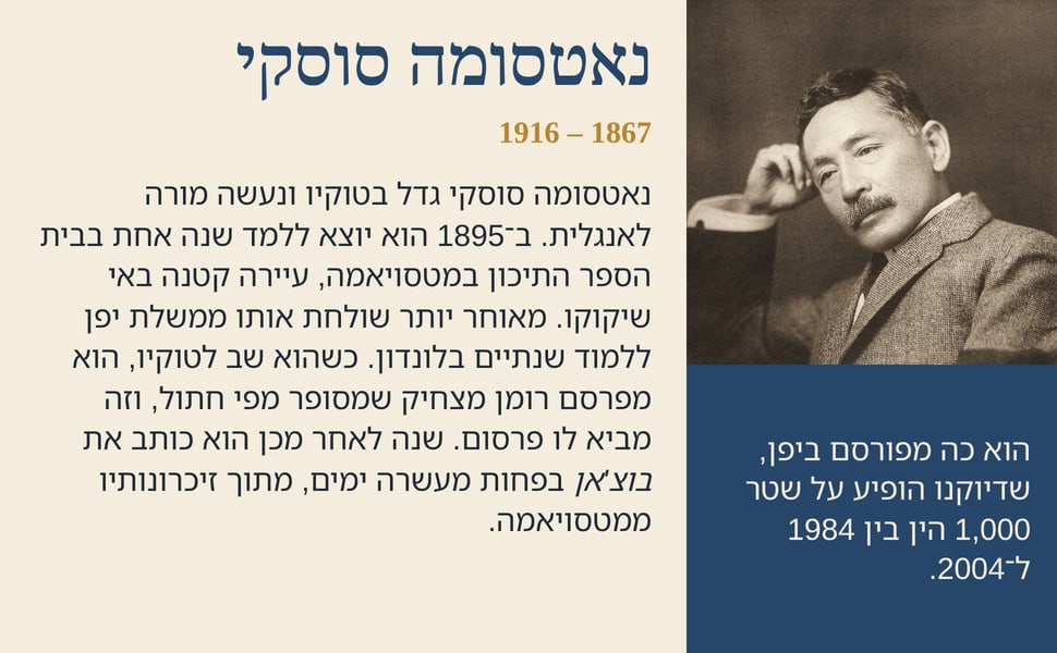 נאטסומה סוסקי. נאטסומה סוסקי גדל בטוקיו ונעשה מורה לאנגלית. ב־1895 הוא יוצא ללמד שנה אחת בבית הספר התיכון במטסויאמה, עיירה קטנה באי שיקוקו. מאוחר יותר שולחת אותו ממשלת יפן ללמוד שנתיים בלונדון. כשהוא שב לטוקיו, הוא…