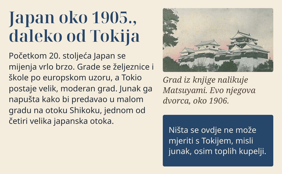 Japan oko 1905., daleko od Tokija. Početkom 20. stoljeća Japan se mijenja vrlo brzo. Grade se željeznice i škole po europskom uzoru, a Tokio postaje velik, moderan grad. Junak ga napušta kako bi predavao u malom gradu…