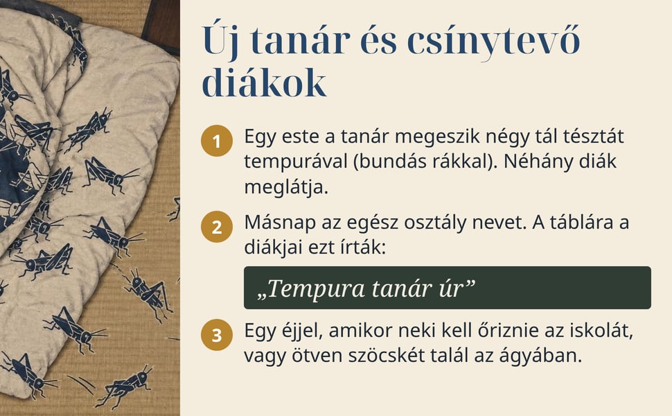 Új tanár és csínytevő diákok. Egy este a tanár megeszik négy tál tésztát tempurával (bundás rákkal). Néhány diák meglátja.