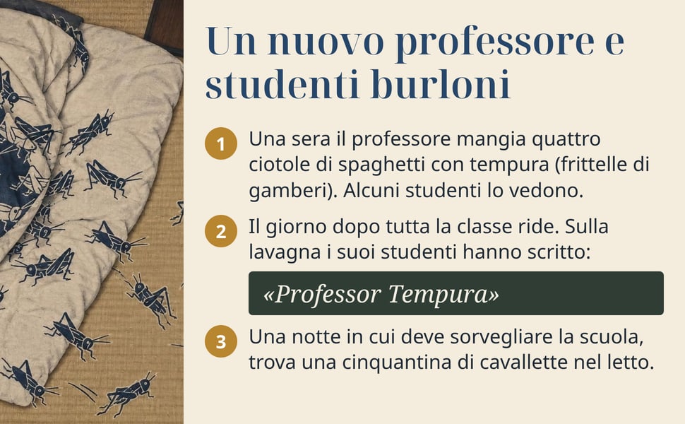 Un nuovo professore e studenti burloni. Una sera il professore mangia quattro ciotole di spaghetti con tempura (frittelle di gamberi). Alcuni studenti lo vedono.