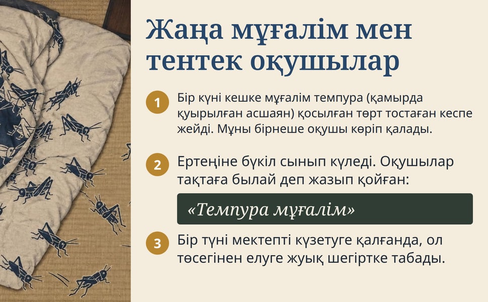 Жаңа мұғалім мен тентек оқушылар. Бір күні кешке мұғалім темпура (қамырда қуырылған асшаян) қосылған төрт тостаған кеспе жейді. Мұны бірнеше оқушы көріп қалады.