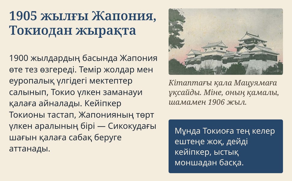 1905 жылғы Жапония, Токиодан жырақта. 1900 жылдардың басында Жапония өте тез өзгереді. Темір жолдар мен еуропалық үлгідегі мектептер салынып, Токио үлкен заманауи қалаға айналады. Кейіпкер Токионы тастап, Жапонияның…