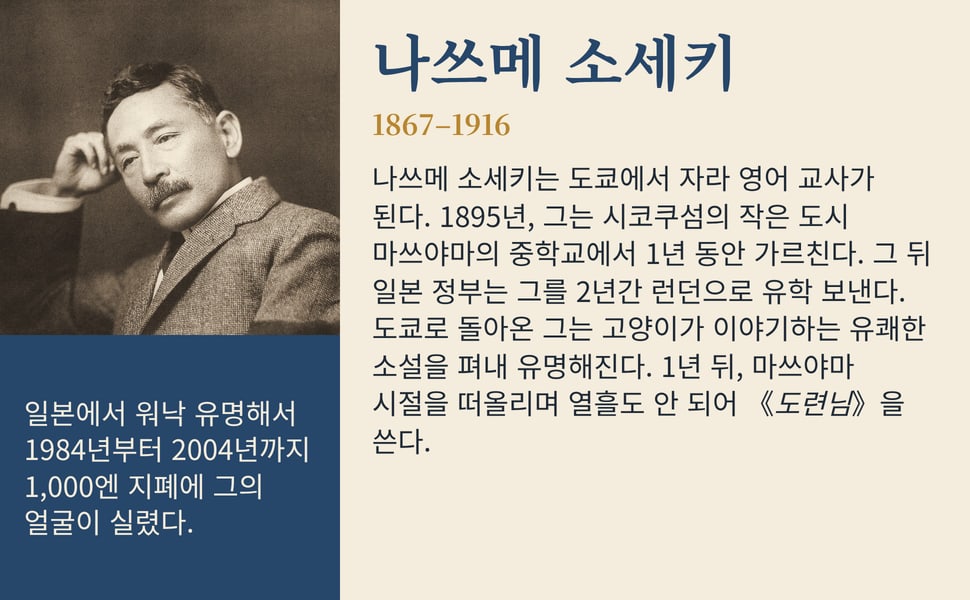 나쓰메 소세키. 나쓰메 소세키는 도쿄에서 자라 영어 교사가 된다. 1895년, 그는 시코쿠섬의 작은 도시 마쓰야마의 중학교에서 1년 동안 가르친다. 그 뒤 일본 정부는 그를 2년간 런던으로 유학 보낸다. 도쿄로 돌아온 그는 고양이가 이야기하는 유쾌한 소설을 펴내 유명해진다. 1년 뒤, 마쓰야마 시절을 떠올리며 열흘도 안 되어 《도련님》을 쓴다.