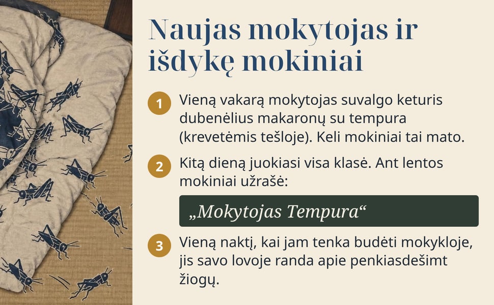 Naujas mokytojas ir išdykę mokiniai. Vieną vakarą mokytojas suvalgo keturis dubenėlius makaronų su tempura (krevetėmis tešloje). Keli mokiniai tai mato.