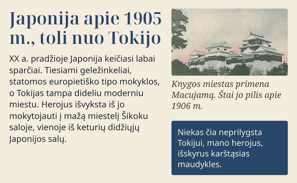 Japonija apie 1905 m., toli nuo Tokijo. XX a. pradžioje Japonija keičiasi labai sparčiai. Tiesiami geležinkeliai, statomos europietiško tipo mokyklos, o Tokijas tampa dideliu moderniu miestu. Herojus išvyksta iš jo…