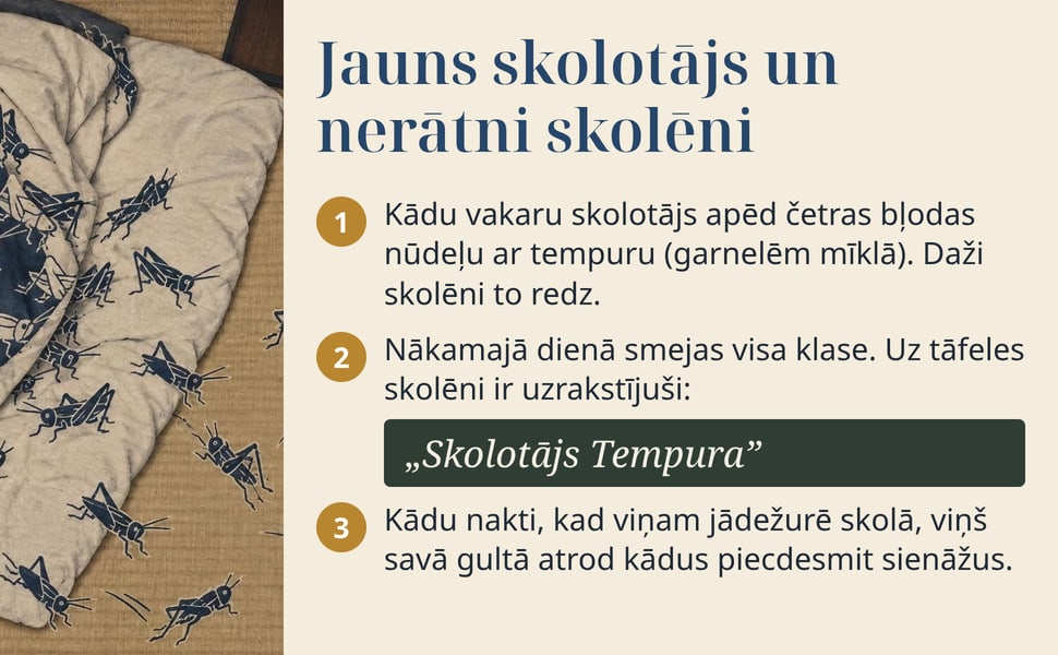 Jauns skolotājs un nerātni skolēni. Kādu vakaru skolotājs apēd četras bļodas nūdeļu ar tempuru (garnelēm mīklā). Daži skolēni to redz.