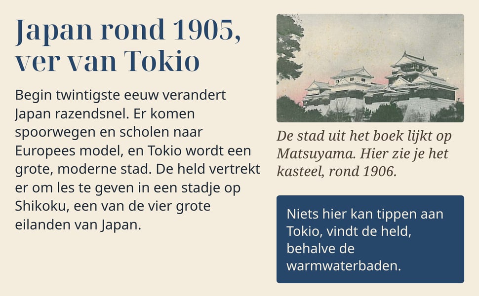 Japan rond 1905, ver van Tokio. Begin twintigste eeuw verandert Japan razendsnel. Er komen spoorwegen en scholen naar Europees model, en Tokio wordt een grote, moderne stad. De held vertrekt er om les te geven in een…