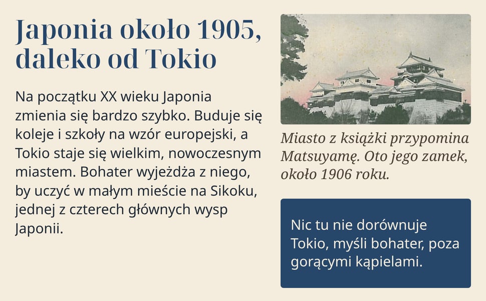 Japonia około 1905, daleko od Tokio. Na początku XX wieku Japonia zmienia się bardzo szybko. Buduje się koleje i szkoły na wzór europejski, a Tokio staje się wielkim, nowoczesnym miastem. Bohater wyjeżdża z niego, by…