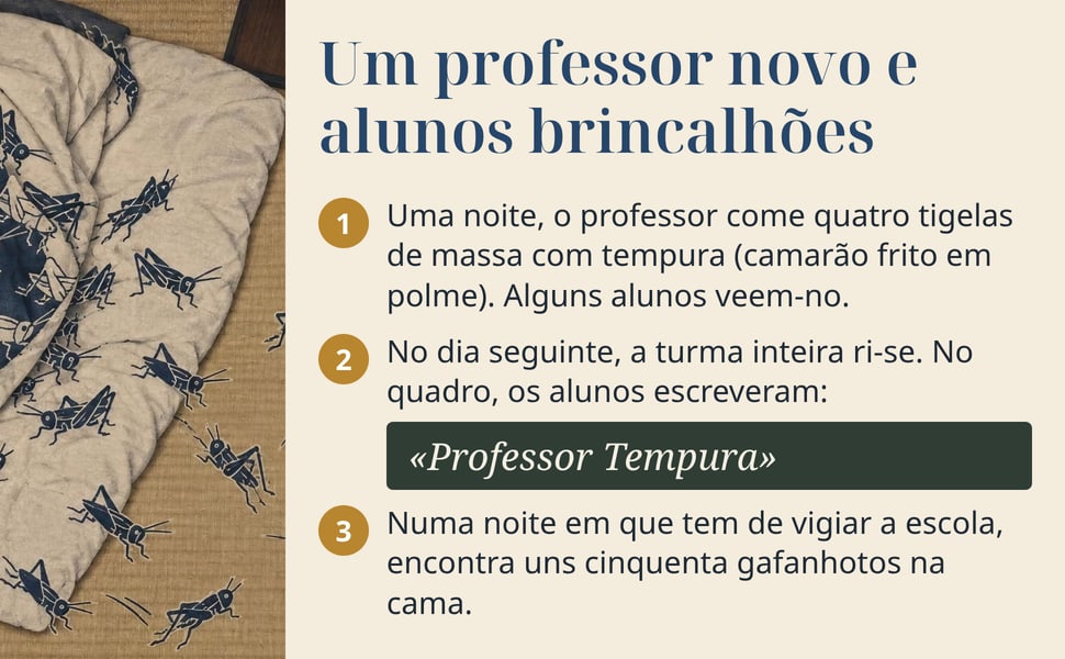 Um professor novo e alunos brincalhões. Uma noite, o professor come quatro tigelas de massa com tempura (camarão frito em polme). Alguns alunos veem-no.