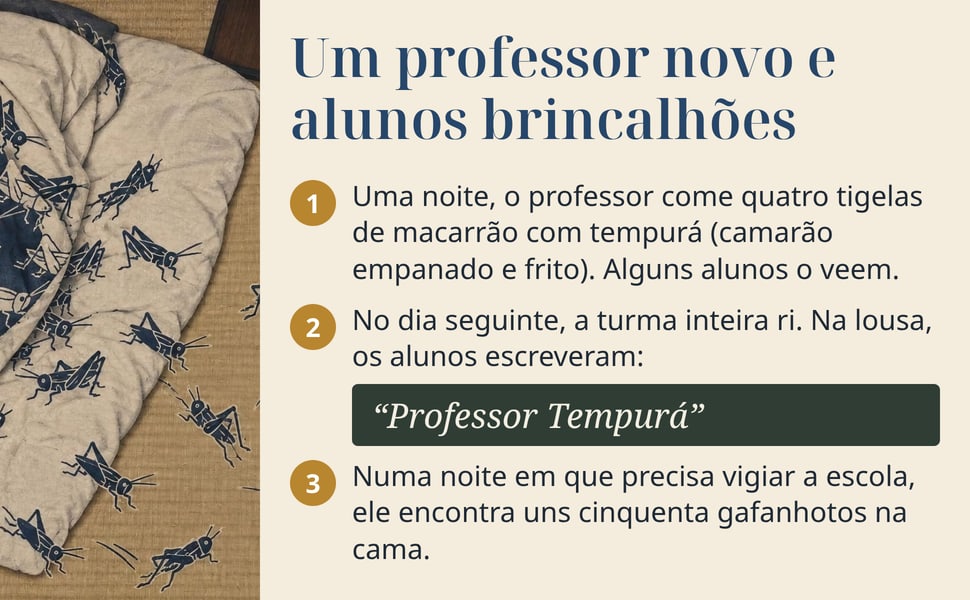 Um professor novo e alunos brincalhões. Uma noite, o professor come quatro tigelas de macarrão com tempurá (camarão empanado e frito). Alguns alunos o veem.
