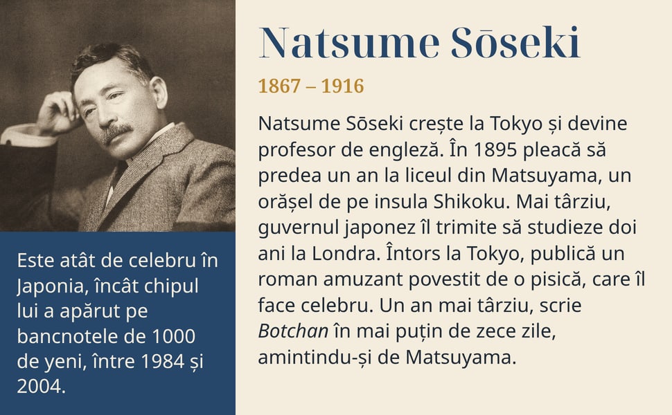 Natsume Sōseki. Natsume Sōseki crește la Tokyo și devine profesor de engleză. În 1895 pleacă să predea un an la liceul din Matsuyama, un orășel de pe insula Shikoku. Mai târziu, guvernul japonez îl trimite să studieze…