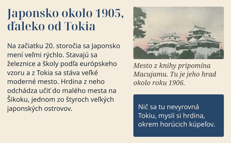 Japonsko okolo 1905, ďaleko od Tokia. Na začiatku 20. storočia sa Japonsko mení veľmi rýchlo. Stavajú sa železnice a školy podľa európskeho vzoru a z Tokia sa stáva veľké moderné mesto. Hrdina z neho odchádza učiť do…