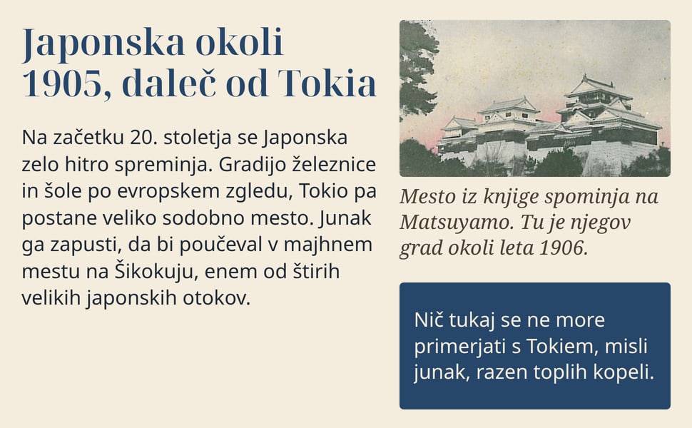 Japonska okoli 1905, daleč od Tokia. Na začetku 20. stoletja se Japonska zelo hitro spreminja. Gradijo železnice in šole po evropskem zgledu, Tokio pa postane veliko sodobno mesto. Junak ga zapusti, da bi poučeval v…