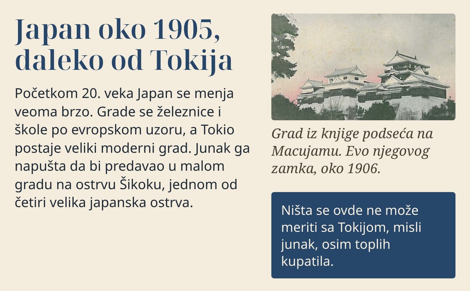 Japan oko 1905, daleko od Tokija. Početkom 20. veka Japan se menja veoma brzo. Grade se železnice i škole po evropskom uzoru, a Tokio postaje veliki moderni grad. Junak ga napušta da bi predavao u malom gradu na ostrvu…