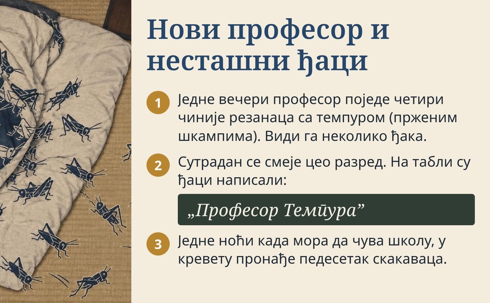 Нови професор и несташни ђаци. Једне вечери професор поједе четири чиније резанаца са темпуром (прженим шкампима). Види га неколико ђака.