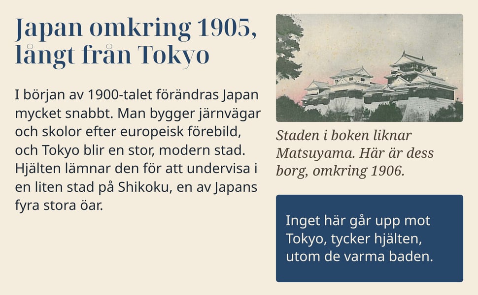 Japan omkring 1905, långt från Tokyo. I början av 1900-talet förändras Japan mycket snabbt. Man bygger järnvägar och skolor efter europeisk förebild, och Tokyo blir en stor, modern stad. Hjälten lämnar den för att…
