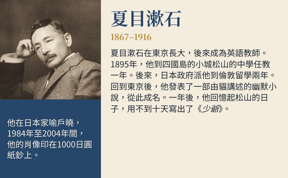 夏目漱石。夏目漱石在東京長大,後來成為英語教師。1895年,他到四國島的小城松山的中學任教一年。後來,日本政府派他到倫敦留學兩年。回到東京後,他發表了一部由貓講述的幽默小說,從此成名。一年後,他回憶起松山的日子,用不到十天寫出了《少爺》。