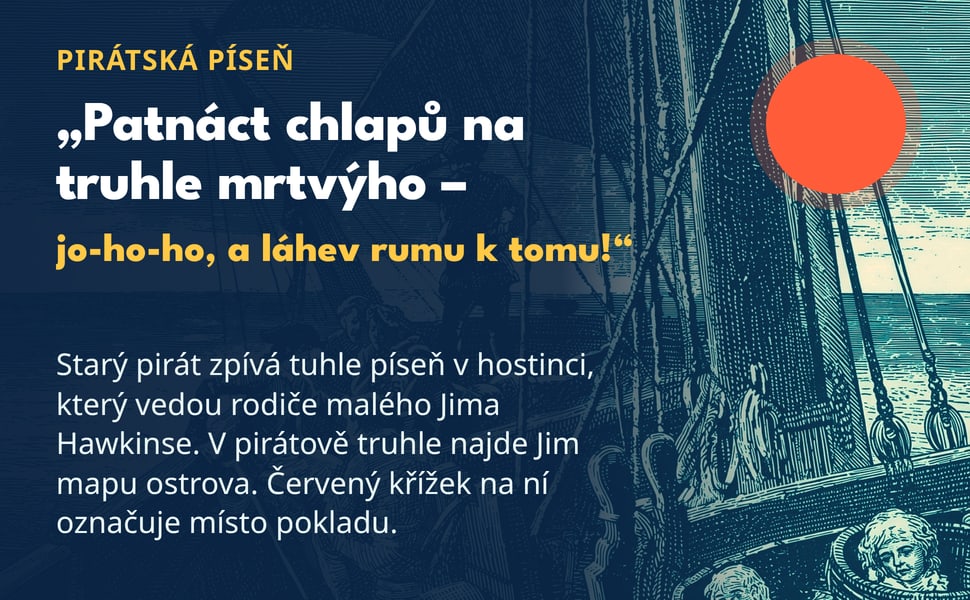 Starý pirát zpívá tuhle píseň v hostinci, který vedou rodiče malého Jima Hawkinse. V pirátově truhle najde Jim mapu ostrova. Červený křížek na ní označuje místo pokladu.