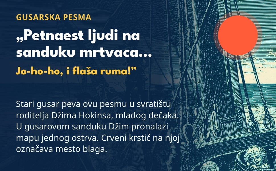 Stari gusar peva ovu pesmu u svratištu roditelja Džima Hokinsa, mladog dečaka. U gusarovom sanduku Džim pronalazi mapu jednog ostrva. Crveni krstić na njoj označava mesto blaga.