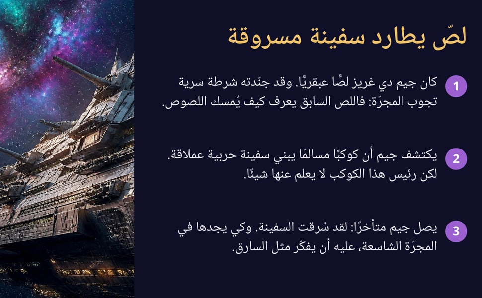 لصّ يطارد سفينة مسروقة. كان جيم دي غريز لصًّا عبقريًّا. وقد جنّدته شرطة سرية تجوب المجرّة: فاللص السابق يعرف كيف يُمسك اللصوص.