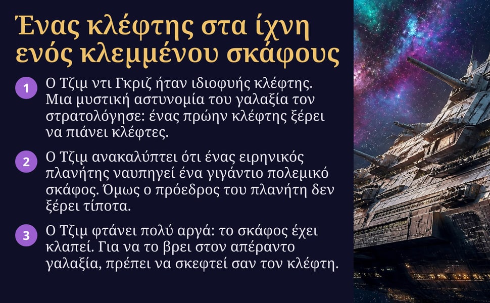 Ένας κλέφτης στα ίχνη ενός κλεμμένου σκάφους. Ο Τζιμ ντι Γκριζ ήταν ιδιοφυής κλέφτης. Μια μυστική αστυνομία του γαλαξία τον στρατολόγησε: ένας πρώην κλέφτης ξέρει να πιάνει κλέφτες.