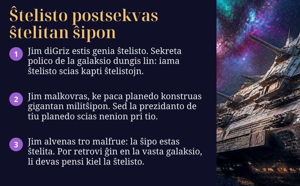 Ŝtelisto postsekvas ŝtelitan ŝipon. Jim diGriz estis genia ŝtelisto. Sekreta polico de la galaksio dungis lin: iama ŝtelisto scias kapti ŝtelistojn.