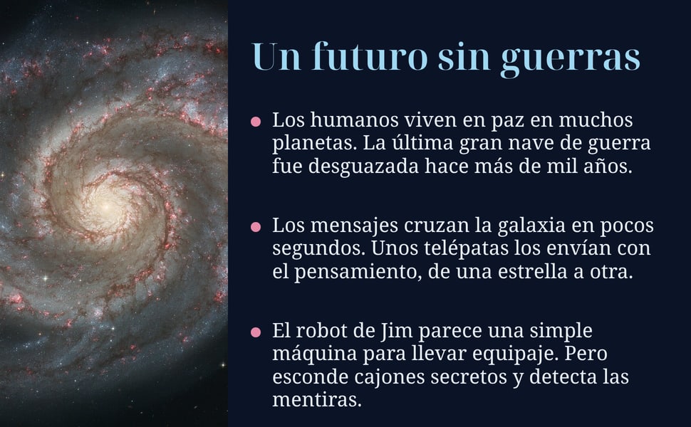 Un futuro sin guerras. Los humanos viven en paz en muchos planetas. La última gran nave de guerra fue desguazada hace más de mil años.