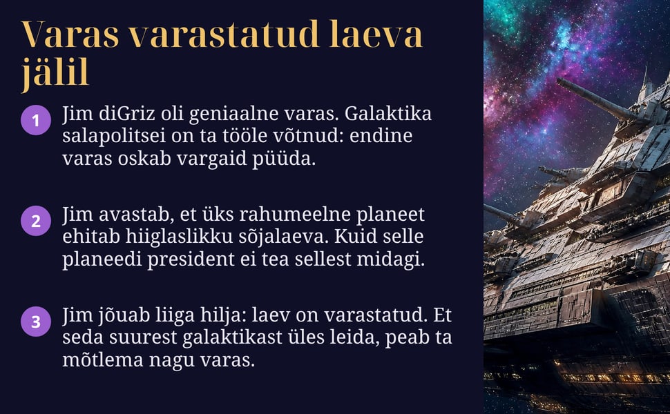 Varas varastatud laeva jälil. Jim diGriz oli geniaalne varas. Galaktika salapolitsei on ta tööle võtnud: endine varas oskab vargaid püüda.